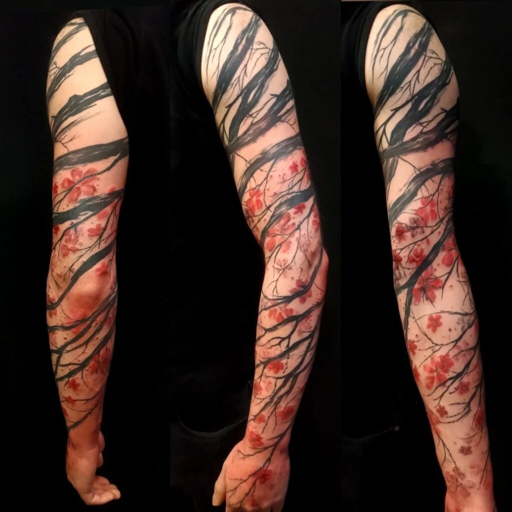 Originální tetování, freehand sakura, rukáv, barvy