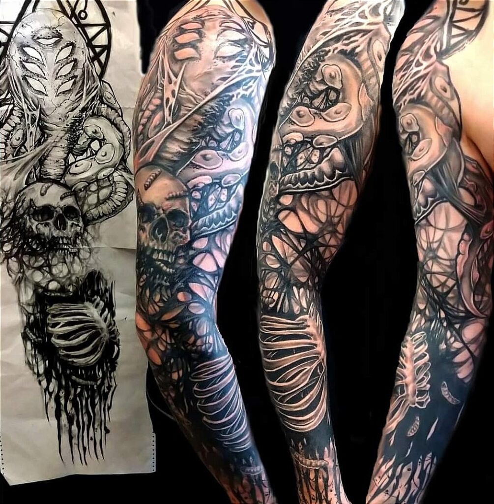 Originální tetování. Černobílý rukáv. Cthulhu, fantasy. Brno